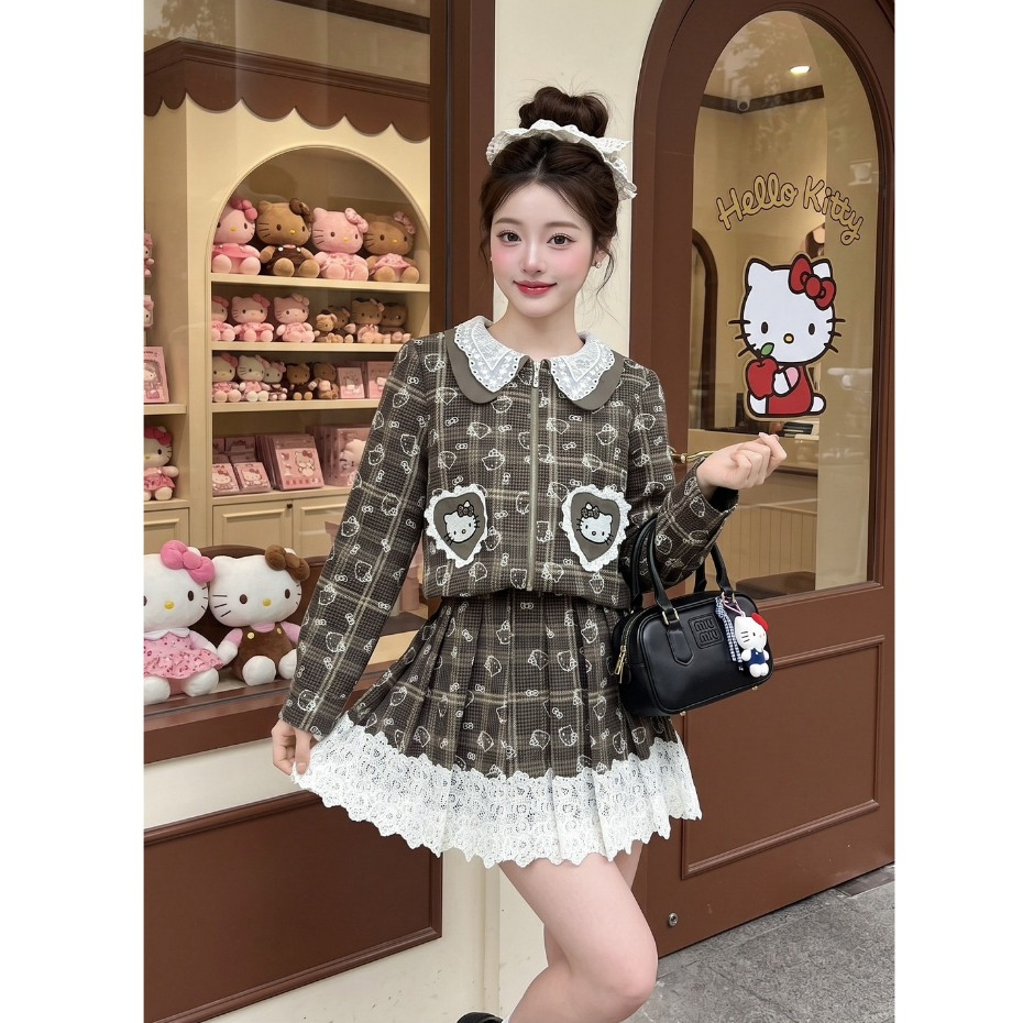 (มี3XL) สีน้ำตาล Ash Brown Set เซ็ต 2 ชิ้น เสื้อ jacket ซิปหน้า แต่งปกลูกไม้ งานปัก + กระโปรงพลีทแต่งลูกไม้