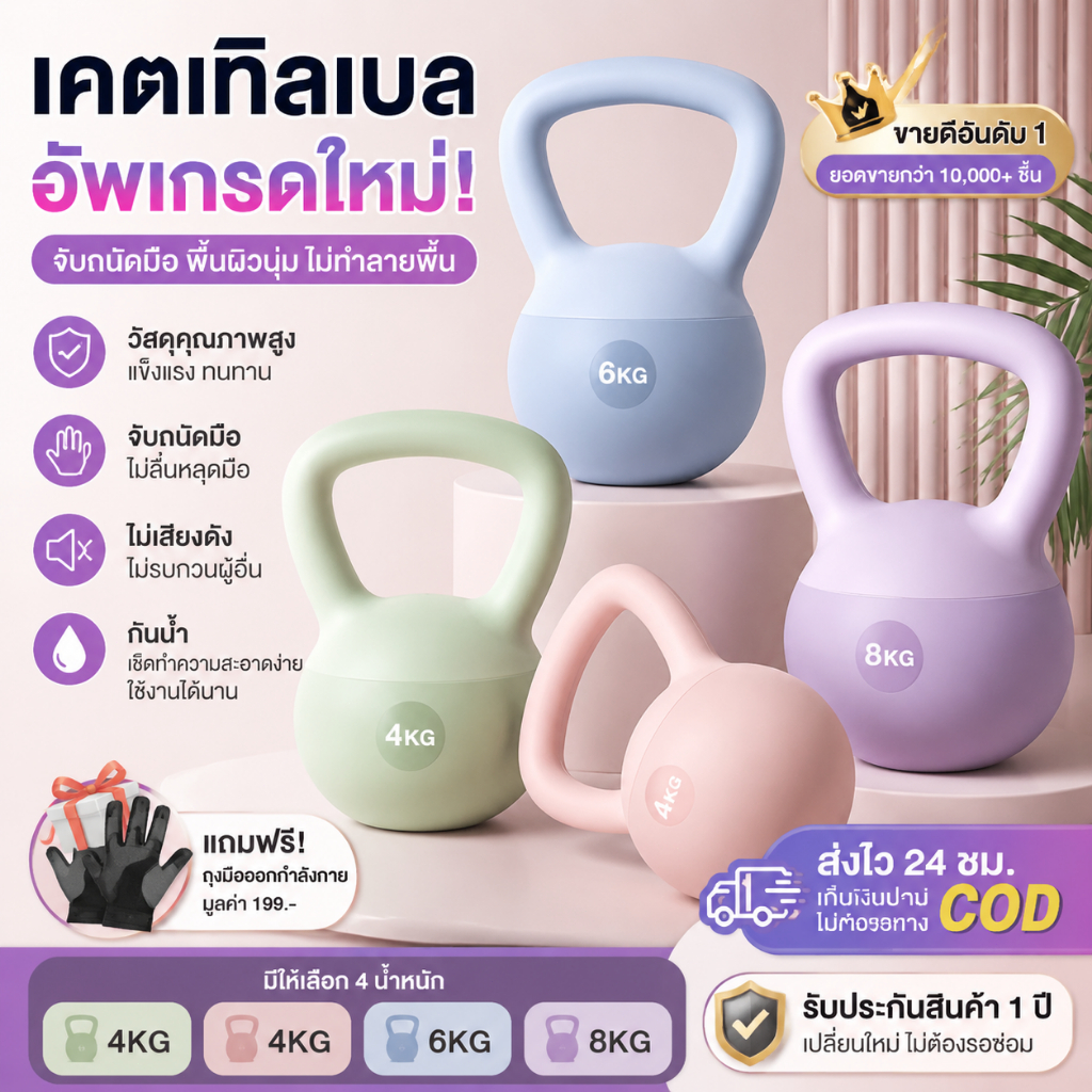 Kettlebell เคตเทิลเบลแบบนุ่ม 4KG 6KG 8KG PVC นุ่ม กันกระแทก ไม่ทำลายพื้น ฟิตเนส ออกกำลังกายที่บ้าน