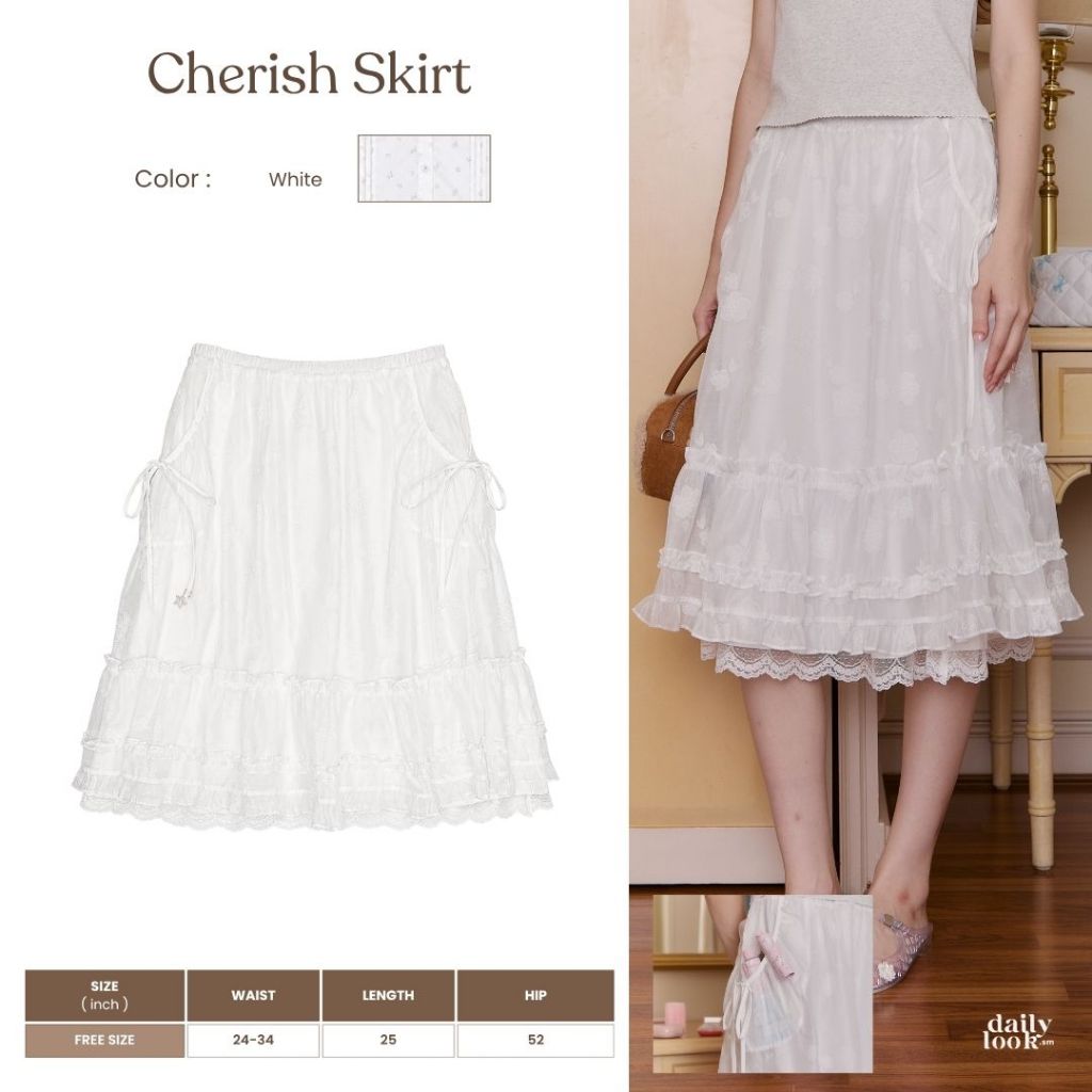 DAILYLOOK.SM --- Cherish skirt กระโปรงผ้าซีทรูลายดอกไม้ มีซับด้านใน ชายกระโปรงแต่งลูกไม้