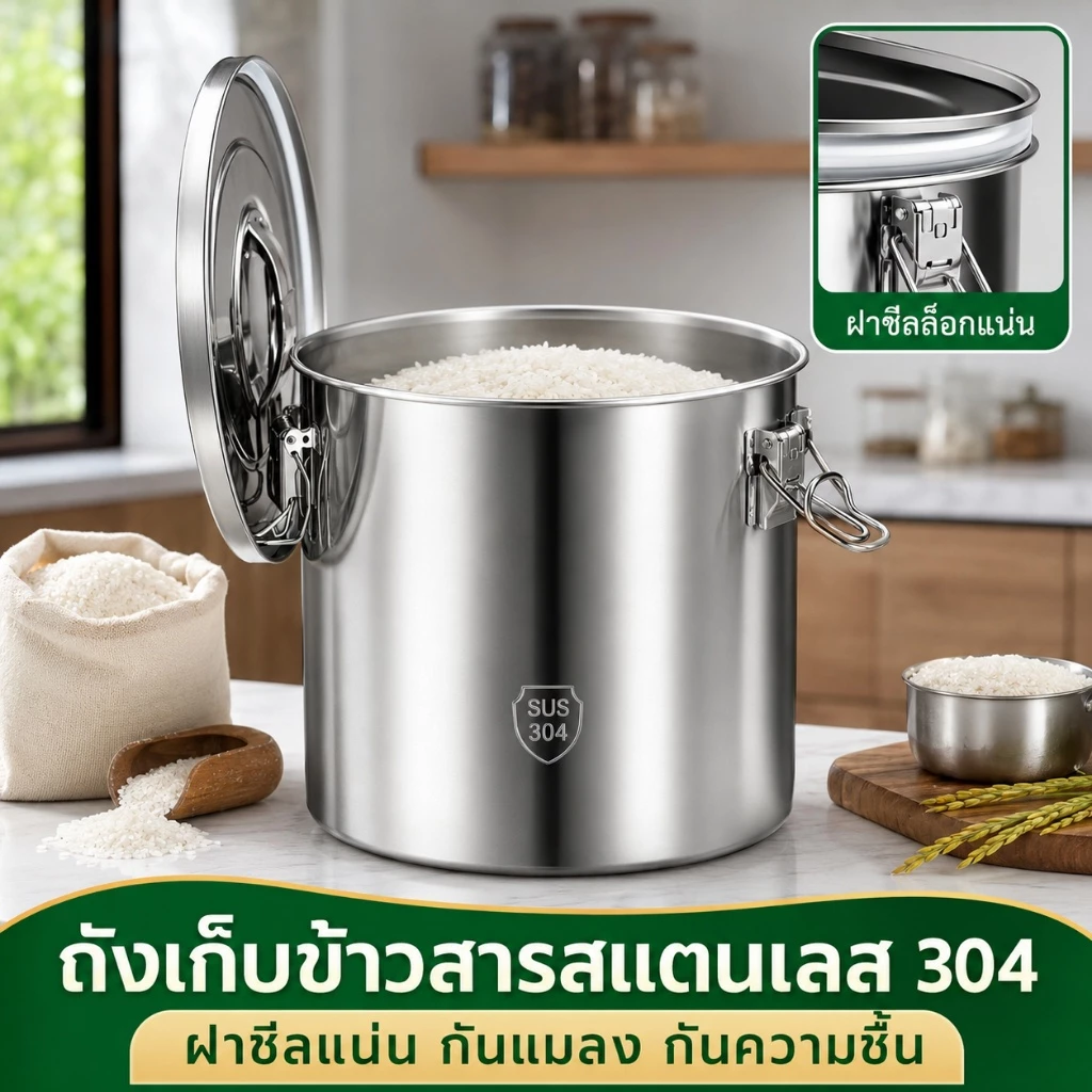 ถังเก็บข้าวสาร ถังใส่ข้าวสาร สแตนเลส 304 เกรดอาหาร ฝาซีลแน่น กันแมลง กันชื้น สำหรับข้าว แป้ง ธัญพืช