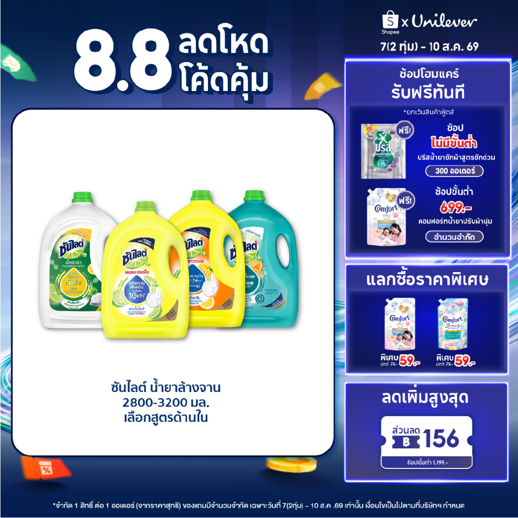 ซันไลต์  น้ำยาล้างจาน ขจัดคราบมัน 2800 - 3200 มล x2 Sunlight  Dish Washing 2800 - 3200 ml x2