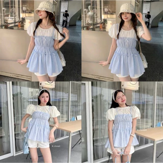 (อก 30-42) เสื้อเอี๊ยมทูโทนเป็นชิ้นติดกัน แขนพองบอลลูนน่ารัก สาวอวบใส่ได้อกถึง 42 นิ้ว