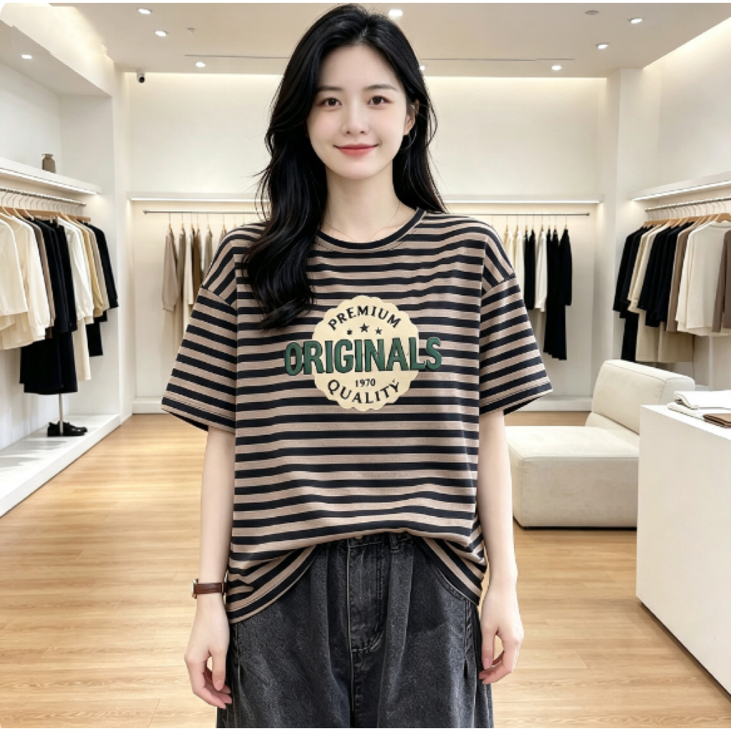 เสื้อยืดแขนสั้นลายทางสีสันสดใสดีไซน์เก๋ไก๋ไม่ซ้ำใครสำหรับผู้หญิง สไตล์ใหม่สำหรับฤดูร้อน ลายการ์ตูนทันสมัย ​​สวยงามและใส่