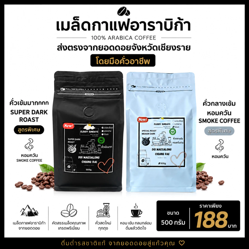 เมล็ดกาแฟอาราบิก้า 500g. เข้มมาก และ กลางเข้ม หอมควัน กลิ่นหอมเข้มข้น รสชาติเข้มๆ กาแฟคั่ว จากเชียงราย เมล็ดกาแฟคั่ว