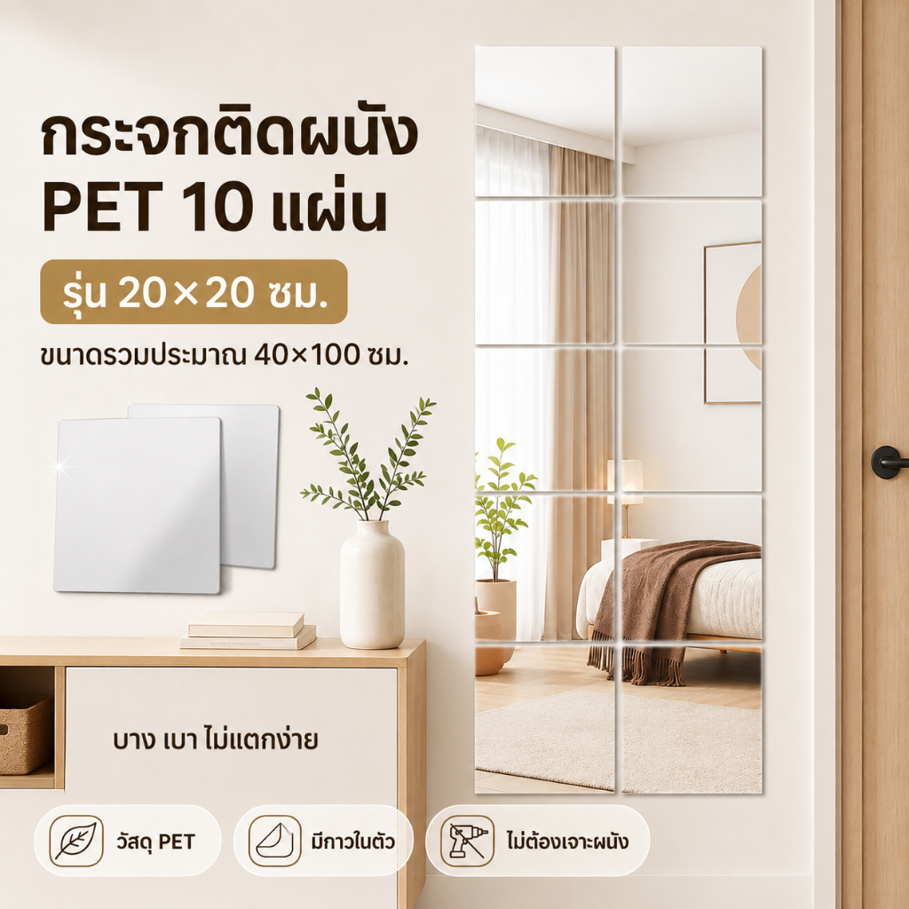 กระจกติดผนัง PET 10 แผ่น มีกาวในตัว ยืดหยุ่น ไม่แตกง่าย DIY แต่งห้อง ขนาด 30×30 / 20×20 ซม.