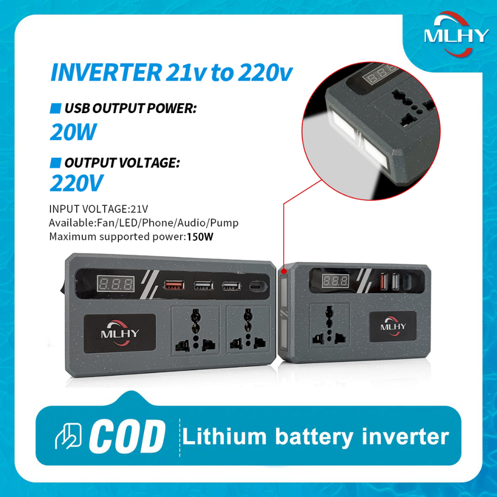 MLHY อินเวอร์เตอร์ไร้สายกำลังสูง 120 วัตต์ ตัวแปลงไฟ 21V ถึง 220V เต้ารับสากลเอาต์พุต USB 3 ช่อง