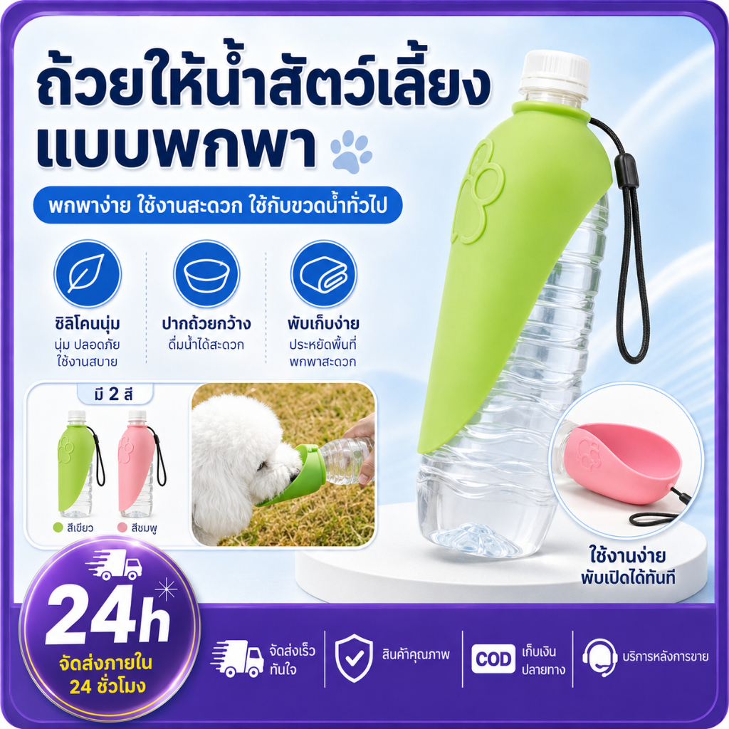 PETWELL ถ้วยน้ำสุนัขแบบพกพา สำหรับเดินเล่นและกิจกรรมนอกบ้าน ใช้งานร่วมกับขวดน้ำ