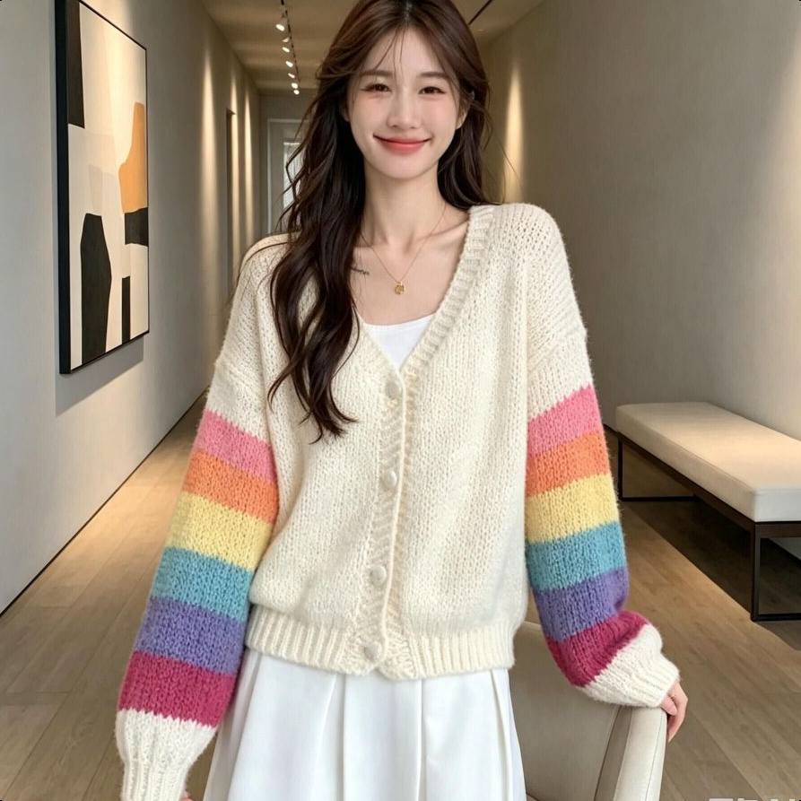 Aurae เสื้อคาร์ดิแกนถักนิตติ้งคอวีทรงหลวม แบบกระดุมแถวเดียว แขนยาว ลายสีรุ้งสีตัดกัน