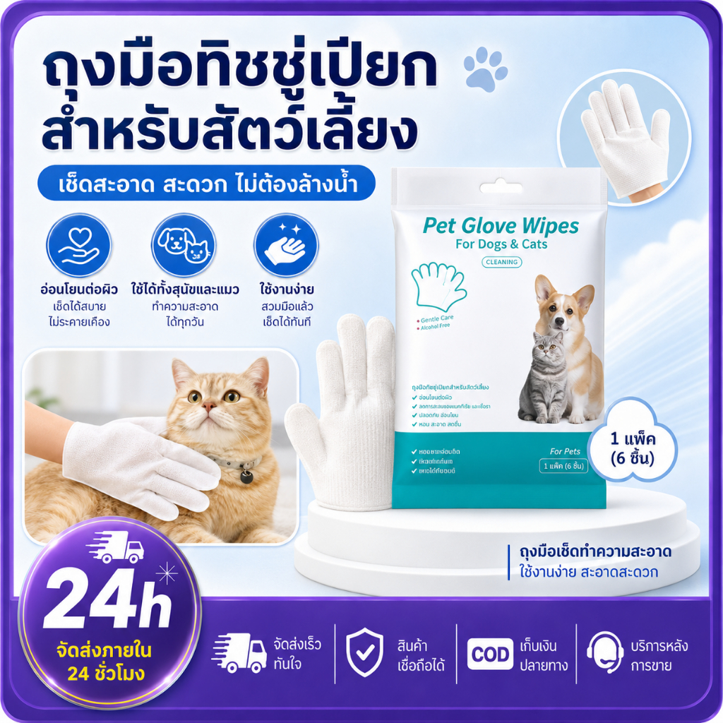 PETWELL ถุงมือเช็ดตัวสัตว์เลี้ยง ถุงมืออาบน้ำแมว  ถุงมืออาบน้ำสุนัข ไม่มีแอลกอฮอล์ ปลอดภัยกับสัตว์เลี้ยง