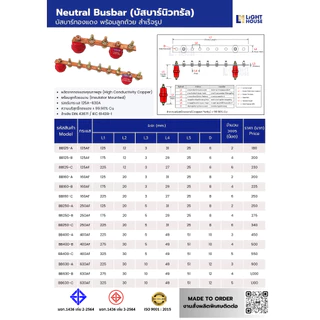 บัสบาร์ทองแดง 125A (Copper Busbar 125A) บัสบาร์ทองแดง บาร์นิวทรัล พร้อมลูกถ้วยบัสบาร์ Copper busbar Neutral with