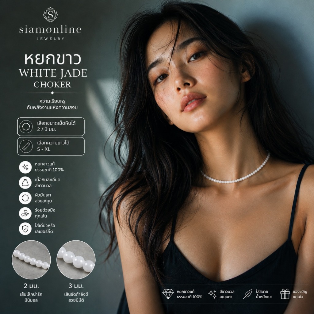 siamonline | สร้อยคอ Choker หยกขาว White Jade หินธรรมชาติ | เลือกเม็ด 2/3 มม. | S-XL
