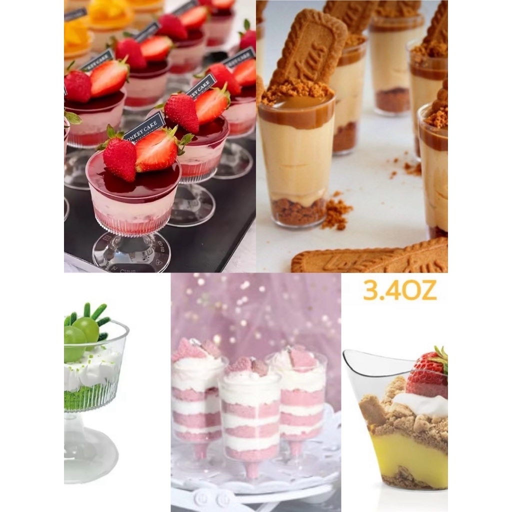 ถ้วยมูสมินิ Dessert Cup 60–120 ml | ถ้วยขนมพลาสติกใส แบบแข็ง | ทรงกลม/สามเหลี่ยม/ขาตั้ง | แพ็ค 10 ใบ