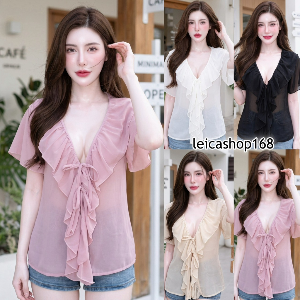 สินค้าพร้อมส่ง เสื้อแฟชั่น ผ้าซีฟอง แต่งระบายด้านหน้า  ผูกโบว์หน้า ผ้าใส่สบาย เรียบหรู  ใส่แมท  LG395