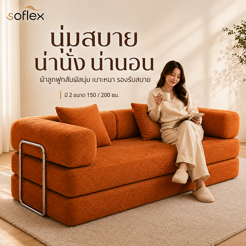 โซฟาเบดผ้าลูกฟูก Soflex โซฟาปรับนอน ฟองน้ำ 35D นุ่มเด้งคืนตัวดี ขนาด 150/200 ซม. ถอดซักได้