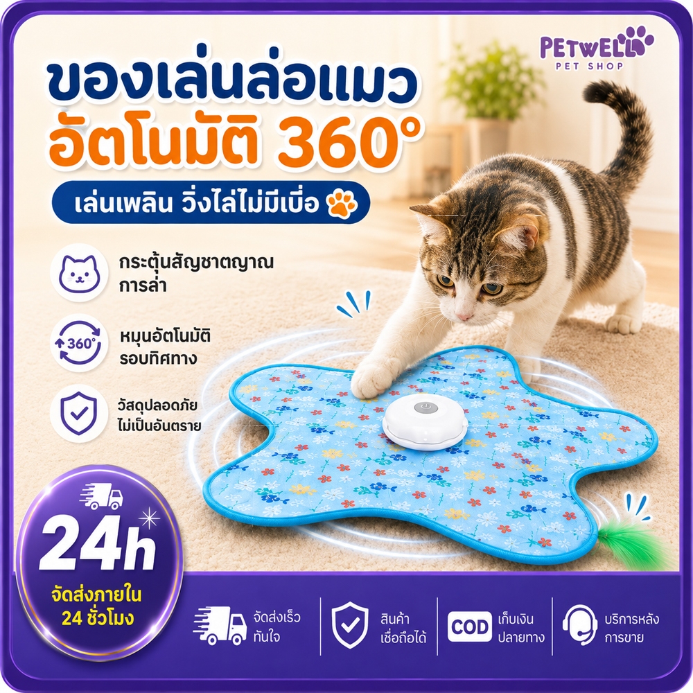 PETWELL แมวหยุดเล่นไม่ได้! ของเล่นแมวอัตโนมัติ วิ่งสุ่ม 360° โหมดเงียบ ชาร์จ USB Type-C ของเล่นอินเทอร์แอคทีฟสำหรับแมว