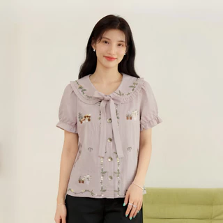 Glucoat | [A872] เสื้อคอบัวสีม่วงแขนตุ๊กตา ปักลายดอกไม้ พร้อมเชือกผูกโบว์ กระดุมหน้าใช้งานได้จริง