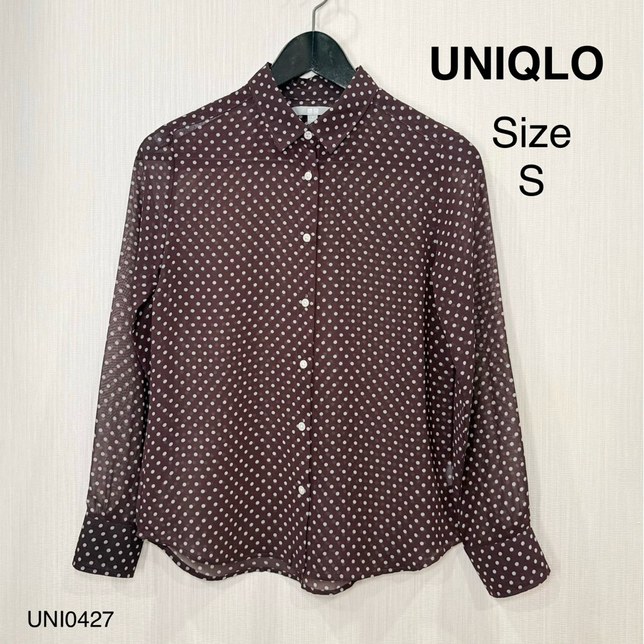 Sale‼️0427 UNIQLO เสื้อเชิ้ตผู้หญิงแขนยาว ลายจุด สีเบอร์กันดี Size S อก 34 นิ้ว ทรงพอดีตัว มือสองสภา