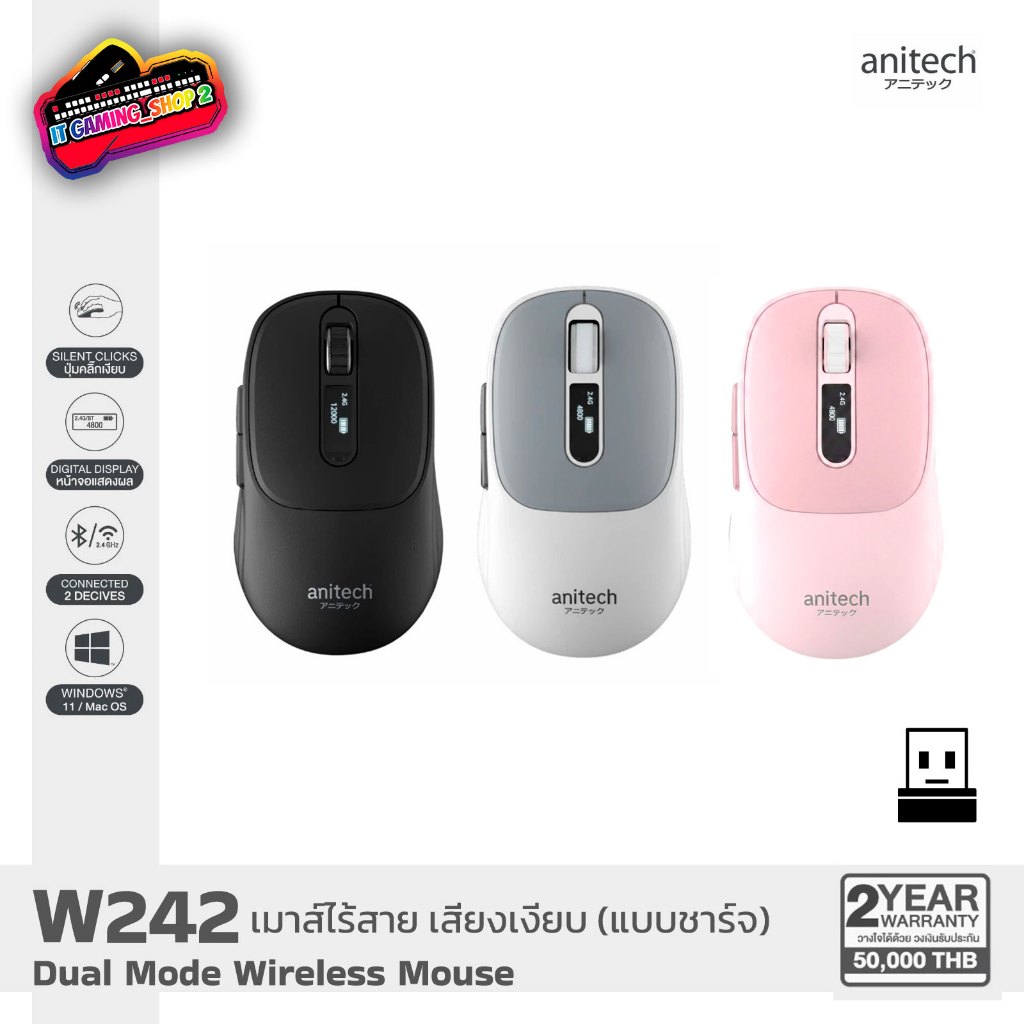 ANITECH W242 Dual Mode Wireless Mouse เมาส์ไร้สาย มีจอ เสียงเงียบ | รับประกัน 2 ปี