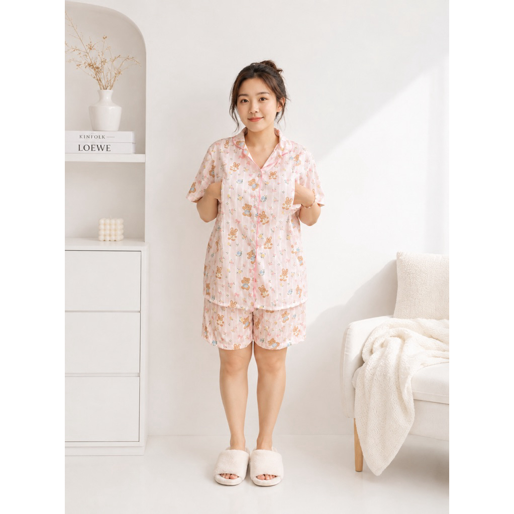 ชุดนอนให้นม - Hugaboo (Pink bunbear) แขนสั้น-ขาสั้น
