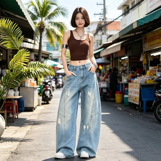 กางเกงยีนส์ กางเกงเอวสูง ขากว้าง ทรงหลวม ทรงสวย Unisex ตัดเฉียงโค้ง #T50