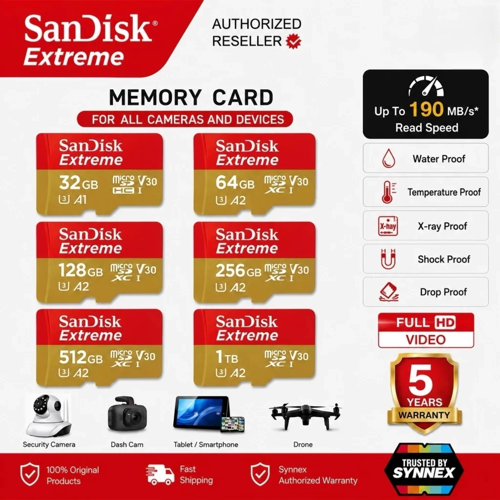 Sandisk MicroSD Extreme® A1 A2 U3 V30 มีให้เลือก 16GB 32GB 64GB 120GB 256GB 512GB 1TB by Synnex