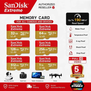Sandisk MicroSD Extreme® A1 A2 U3 V30 มีให้เลือก 16GB 32GB 64GB 120GB 256GB 512GB 1TB by Synnex