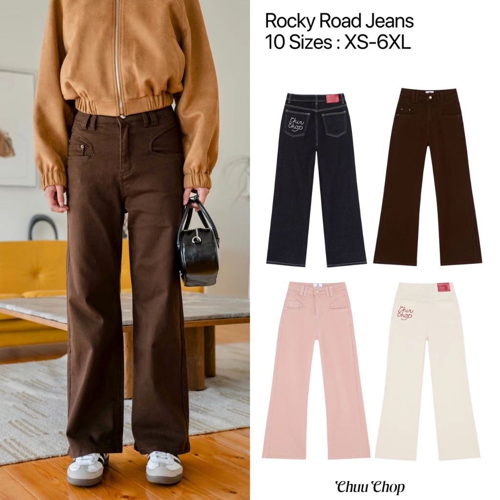 [พร้อมส่ง] CHUUCHOP (XS-4XL) - Rocky road jeans กางเกงยีนส์เอวสูง ผ้ายืด ทรงสวย ลุคมินิมอล ใส่สบาย (C9100)