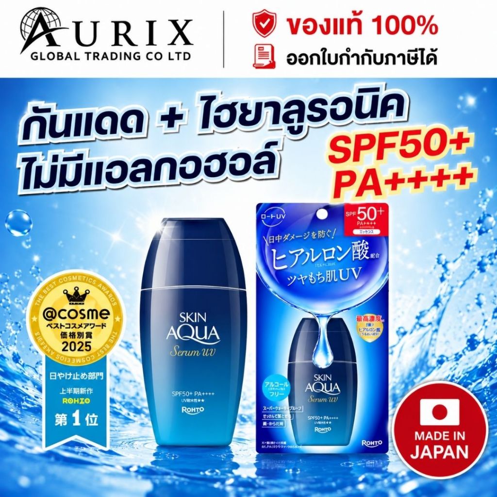 ️ ครีมกันแดด ผิวแพ้ง่าย Skin Aqua Hyaluronic Serum UV SPF50 PA++++ 70g ห่อน้ำเงิน (401)