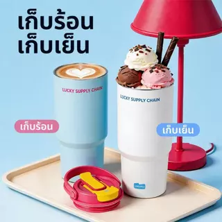 แก้วน้ำเก็บความเย็น 700ml เก็บความร้อน-เย็นได้ แก้วน้ำความจุใหญ่ 2 in 1 มีหูหิ้ว หลอด แก้วน้ำพกพา