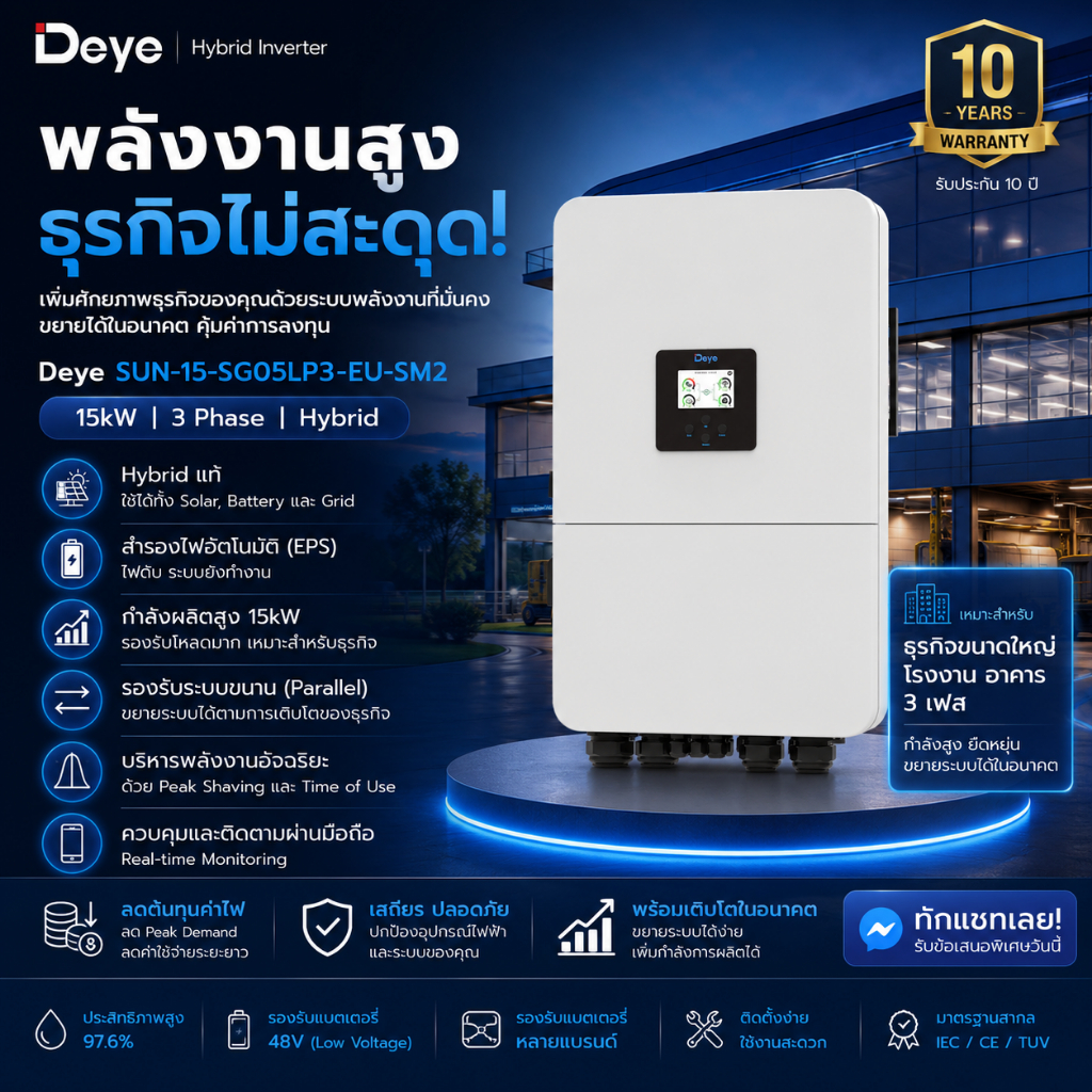 อินเวอร์เตอร์ DEYE on/off grid inverter 3P SUN-15K-SG05LP3-EU-SM2 Three Phase | 2 MPPT | Hybrid Inve