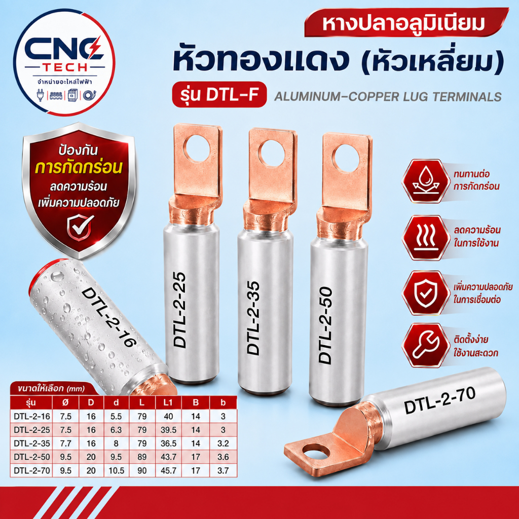 หางปลาไบเมทัล DTL-F (DTL-2) ขั้วต่อสายไฟ อลูมิเนียม-ทองแดง หางปลากลม (รุ่น DTL-F-16 ถึง DTL-F-70) Bi