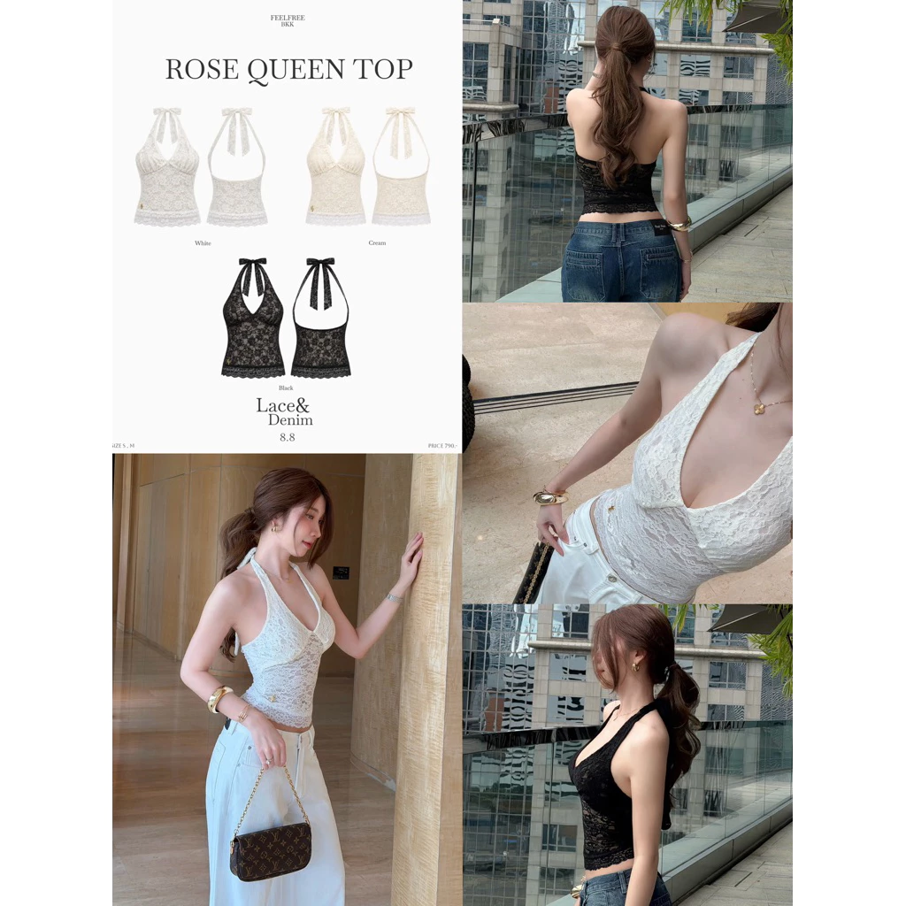 Rose queen790.- เสื้อผูกคอซีทรู ลายกุหลาบ ผ้าลูกไม้นุ่ม เข้ารูปสวย