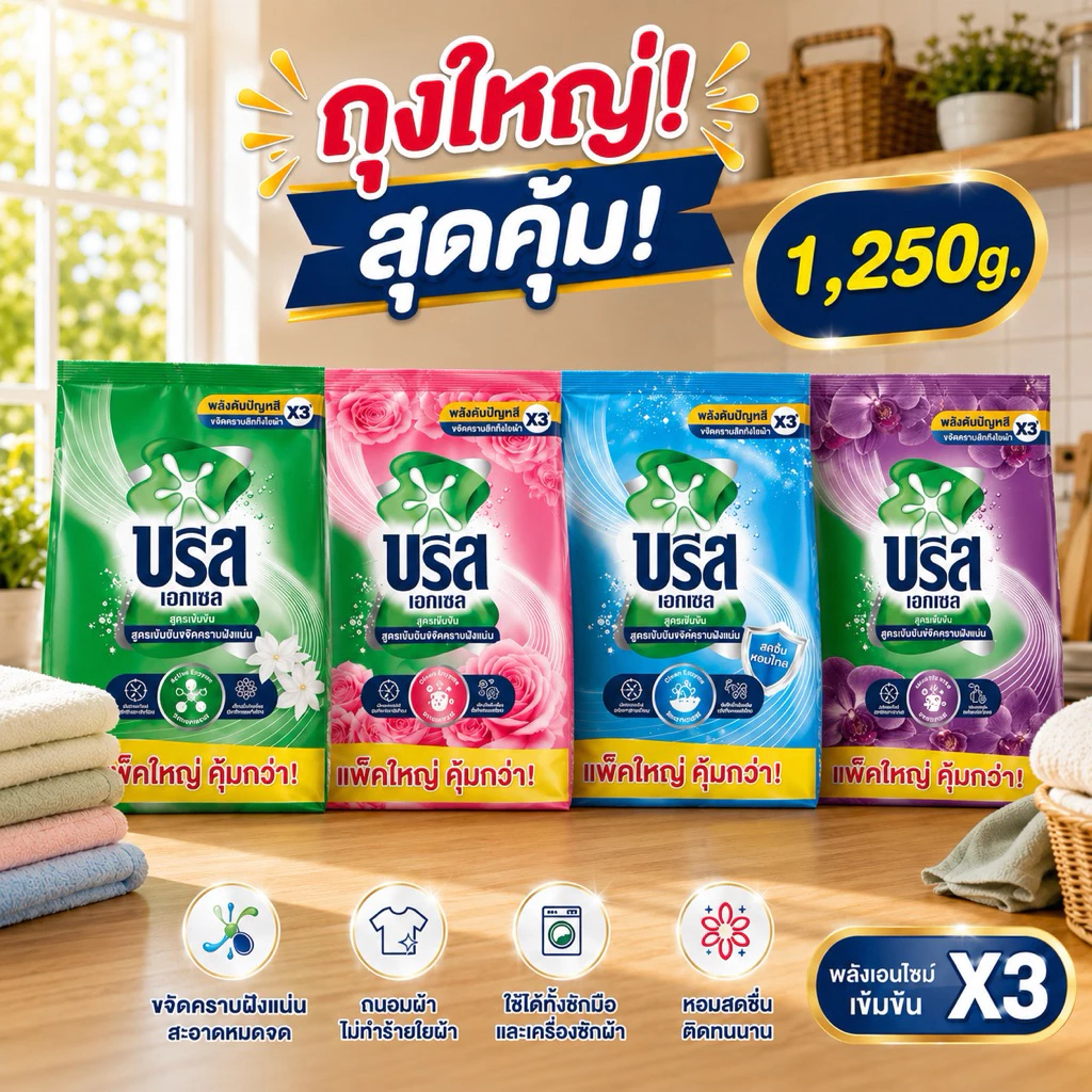[1ถุง]บรีสเอกเซลผงซักฟอก 1,250g. เลือกสีข้างใน