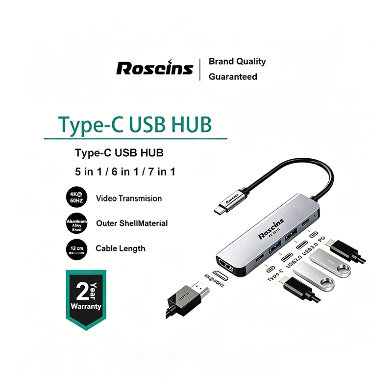 Roscins Type C USB HUB 5 in 1 / 6 in 1 / 7 in 1 HDMI 4K 60Hz  พอร์ต Type C USB2.0-3.0  PD SD/TF