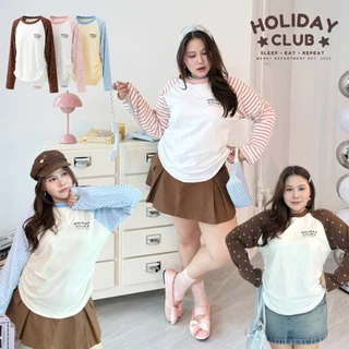Holiday Club Raglan Tee ⭐️🐴 — (พร้อมส่ง ชมพู,น้ำตาล) เสื้อแขนยาวสโลปผ้ายืดนุ่ม (T0230) - Merrychubbyhouse