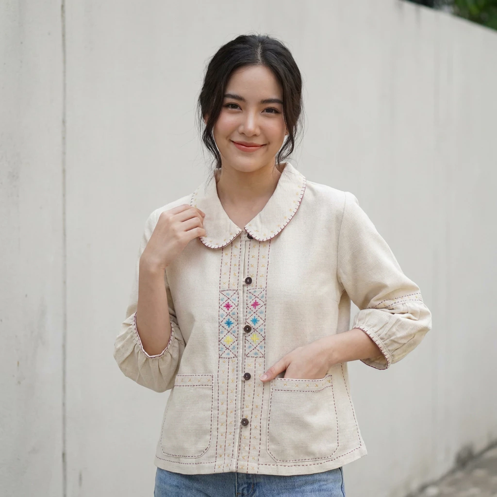 เสื้อคอบัวผู้หญิง คอบัวแขนกระดิ่ง ผ้าฝ้ายนุ่มมือปักมือเจ็ดสี งานเย็บดีสวยน่ารักไม่เหมือนใคร ใส่ทำงานใส่เที่ยวได้ทุกโอกาส