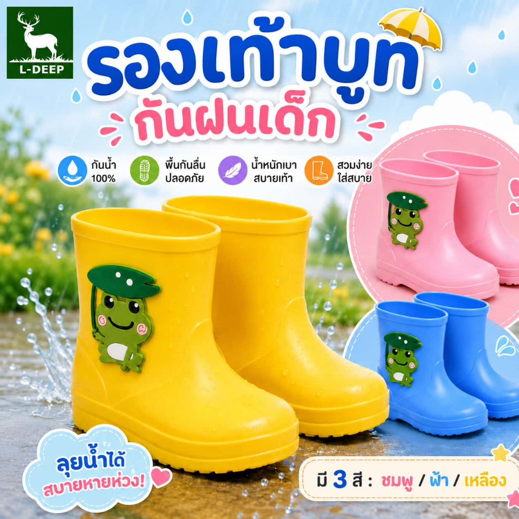 L-DEEP รองเท้าบูทกันฝนเด็ก ลายกบน้อยน่ารัก กันน้ำ พื้นกันลื่น นุ่มเบา ใส่ง่าย สำหรับไปโรงเรียนและเล่นกล