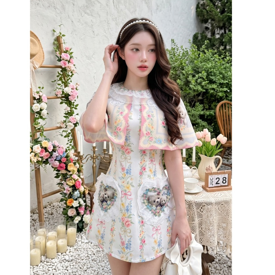 (Limited มีถึง2XL) พาสเทล Candy Crush Dress เดรสสั้นผ้าไหมเกาหลีพิมพ์ลาย ปก collar กระเป๋าหน้าหัวใจ ซิปหลัง