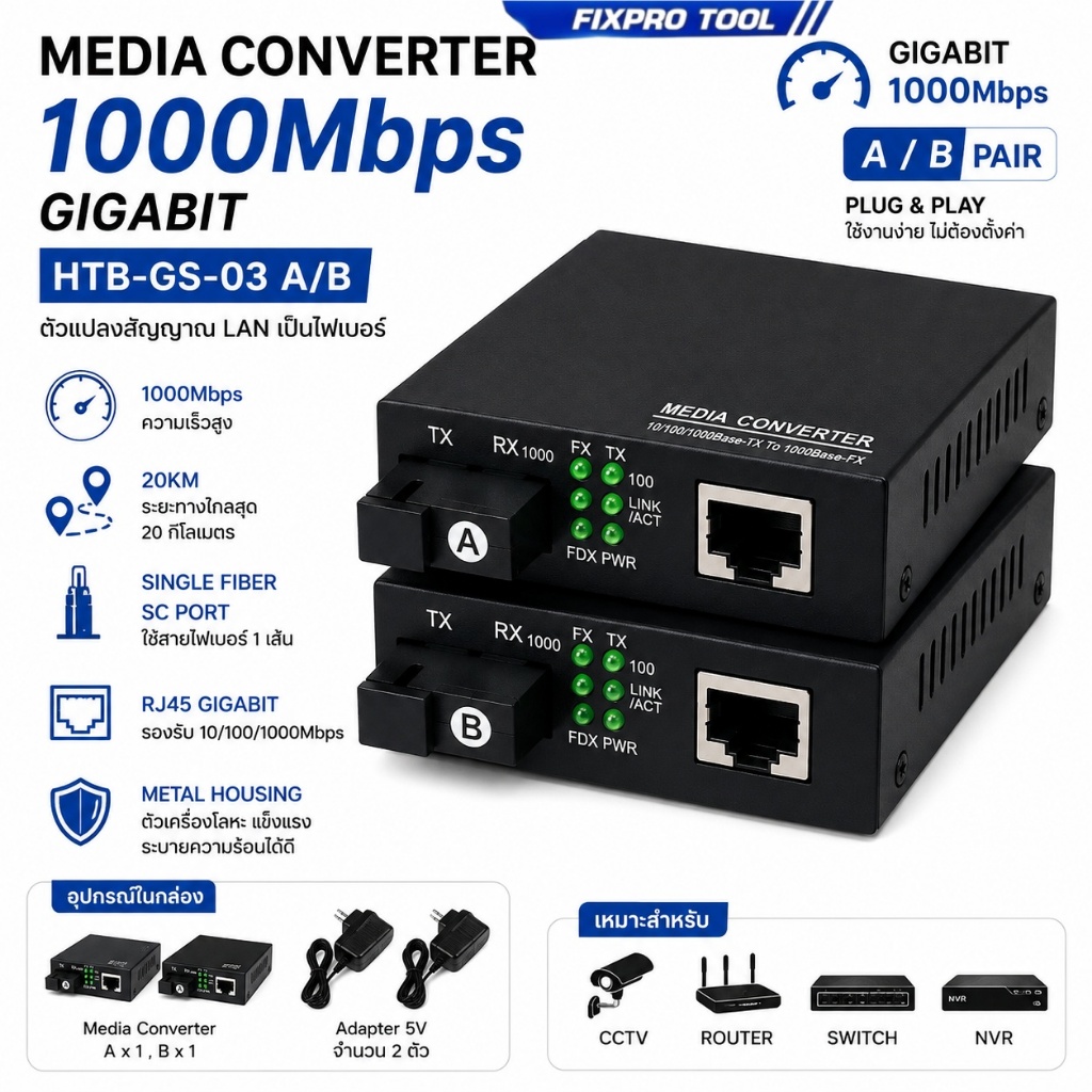 Media Converter Gigabit HTB-GS-03 A/B ตัวแปลงไฟเบอร์ 1000Mbps SC RJ45 Single Fiber 20KM พร้อมอะแดปเตอร์