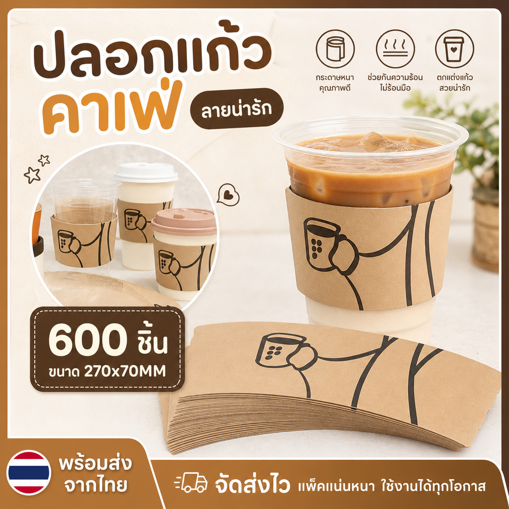 [ส่งฟรี] 600 ชิ้น 🥃 ปลอกแก้วกาแฟกระดาษ สีน้ำตาล Cup Sleeve ปลอกแก้วกาแฟหนา ปรับได้ 9 ระดับ ปลอกสวมแก้ว หนา 250 แกรม B.1