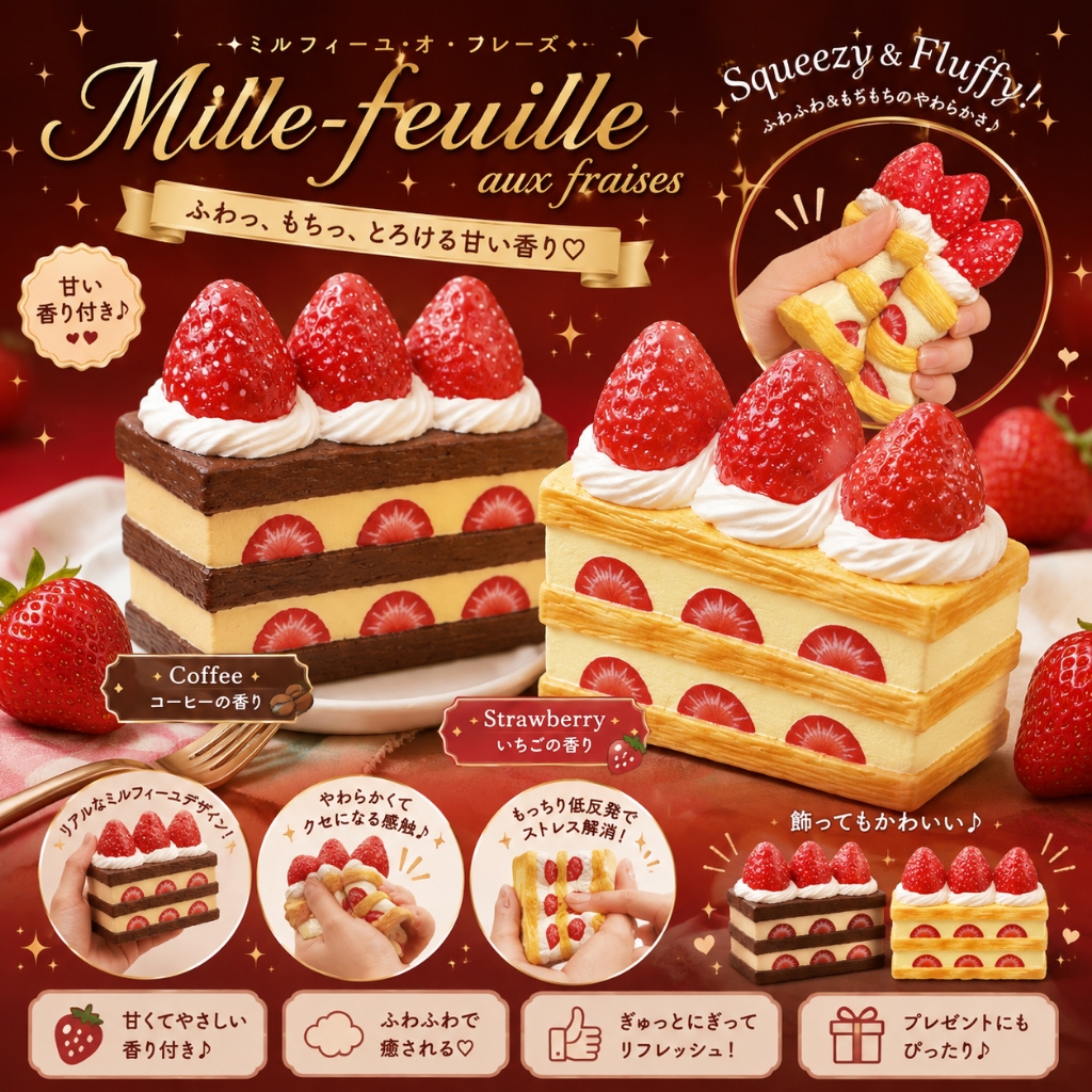 [พร้อมส่ง / ของแท้ 100%] i-BLOOM Squishy - Mille-feuille aux fraises (สกุชชี่มิลเฟยสตรอว์เบอร์รี นุ่มสโลว์ มีกลิ่นหอม)