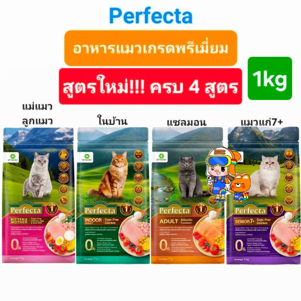 Perfecta สูตรใหม่ Salmon Indoor Senior7+ Kitten & Mother 1.2kg Cat เพอร์เฟคต้า อาหารแมวพรีเมี่ยมครบ 4 สูตร ถุงขนาด 1กก