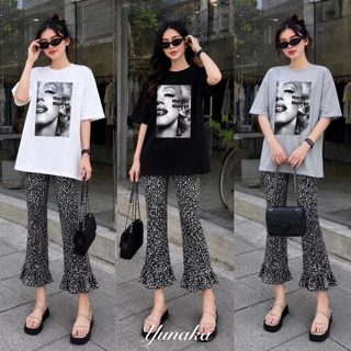 เซทเสื้อยืดคอกลมแขนสั้น ทรง Oversize งานสกรีนกลางอก มาพร้อมกางเกงขายาว6ส่วน ทรงขาม้าเข้ารูป