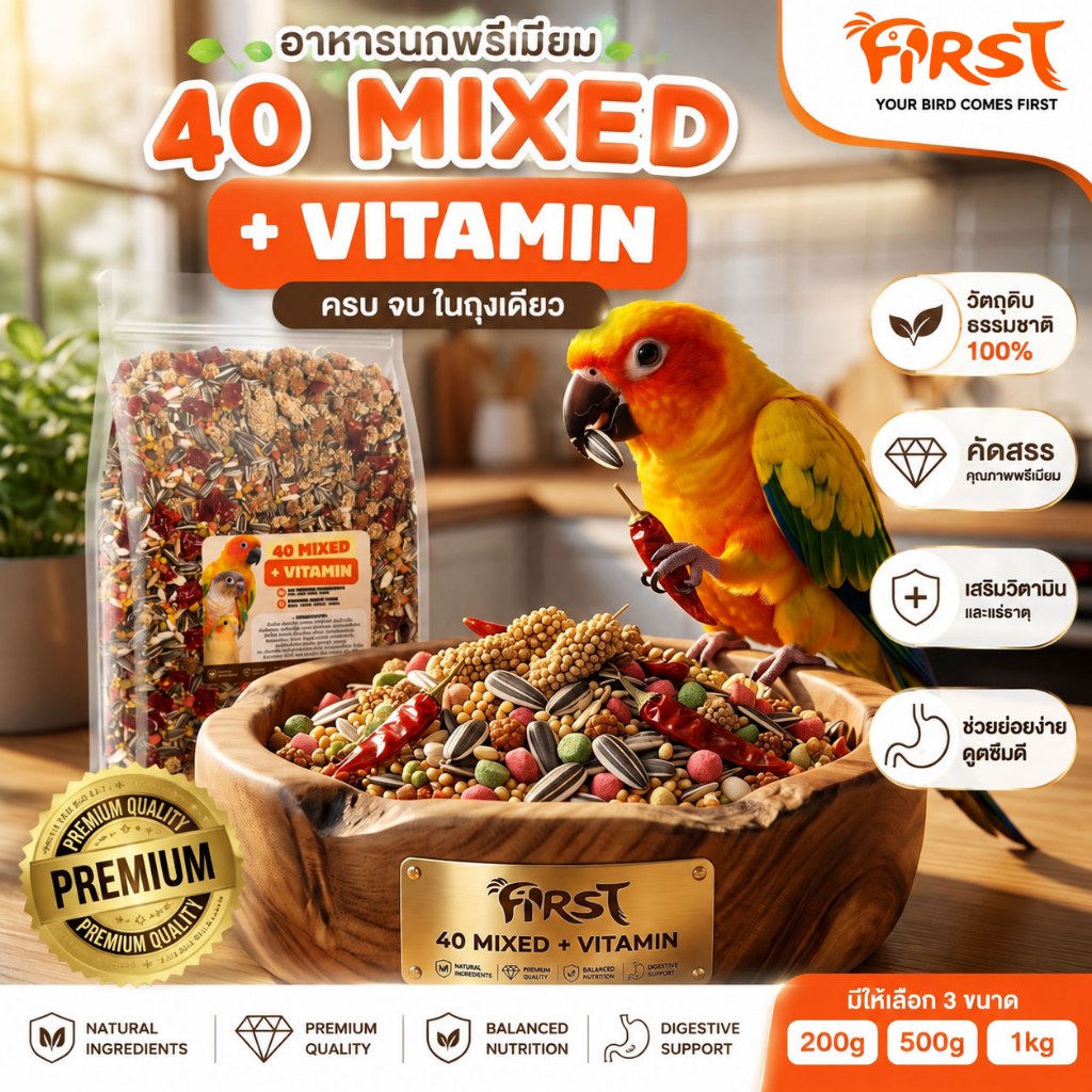 FIRST อาหารนก 40ชนิด+Vitamin สูตรใหม่ อาหารนกแก้ว ฟอพัส เลิฟเบิร์ด ซันคอนัวร์ กรีนชิค ม้อง เกรย์ ริงเนค ค๊อกคาเทล ไคท์