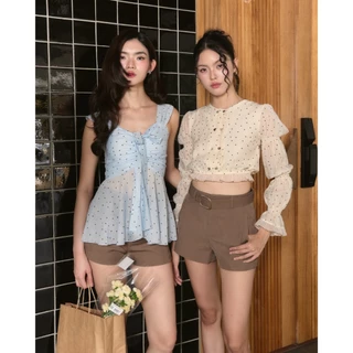 Kokiji - Mochi top เสื้อแขนยาวลายจุดสีครีมอ่อน