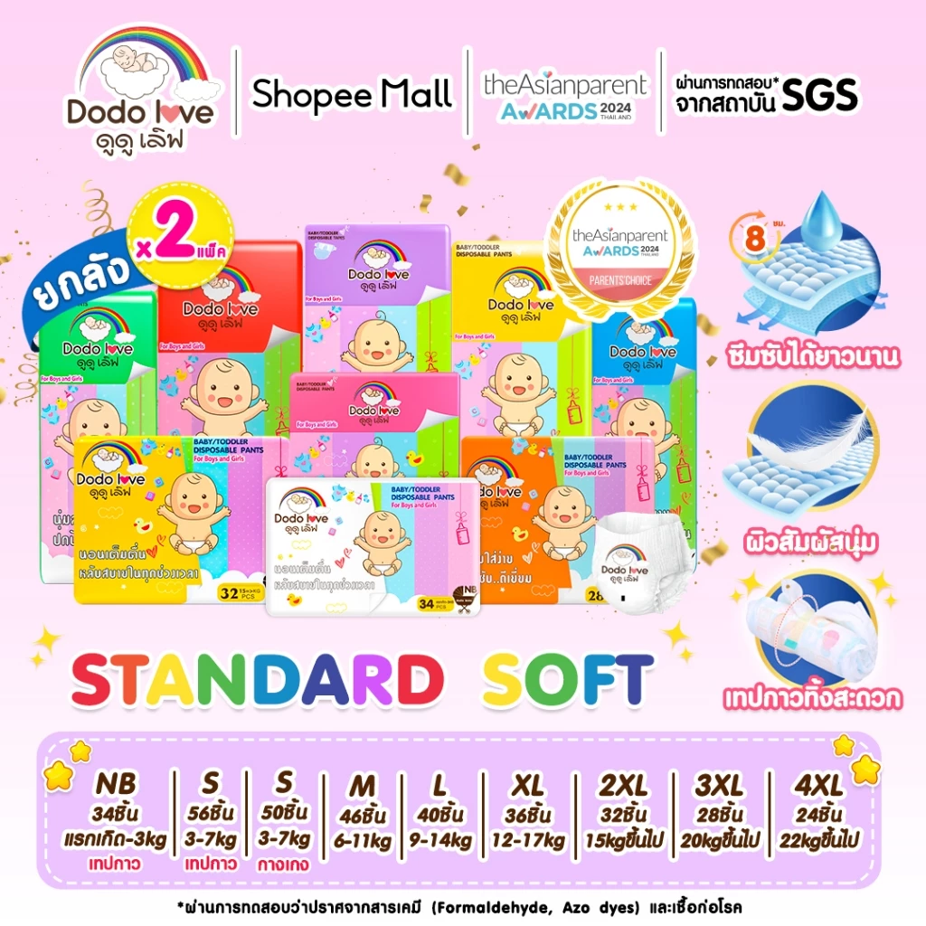 [ Specials ] ยกลัง 2แพ็ค DODOLOVE Standard Soft กางเกงผ้าอ้อม ผ้าอ้อม Size NB-4XL นุ่ม บางเบา ใส่สบาย มีโลเทปม้วนทิ้ง