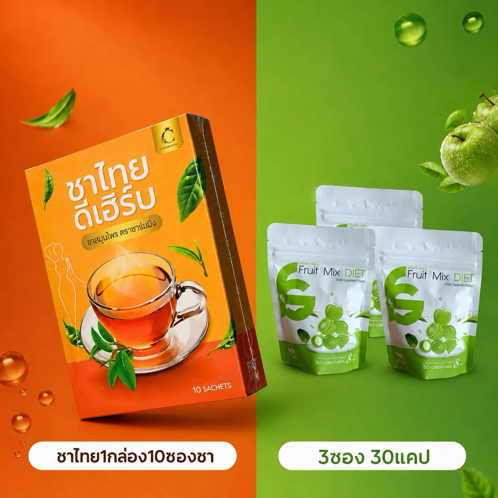 ฟรุ๊ตตี๊มิกซ์ ซองเขียว สูตรดั้งเดิม (SET3ซอง แถมชา1กล่อง)