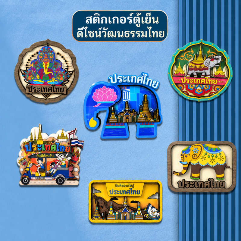 แม่เหล็กติดตู้เย็นลายไทย ของที่ระลึกประเทศไทย ลายช้าง วัดไทย รถตุ๊กตุ๊ก ของฝากจากไทย ตกแต่งตู้เย็น สไตล์ไทย