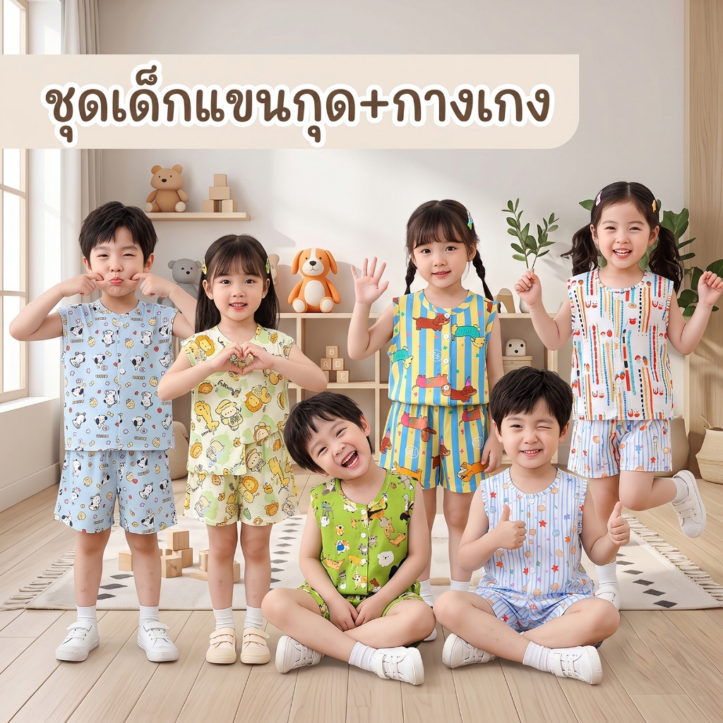 MooDeng Baby เสื้อแขนกุด ก้งเกงขาสั้น เอวยางยืด เด็ก 6เดือน-