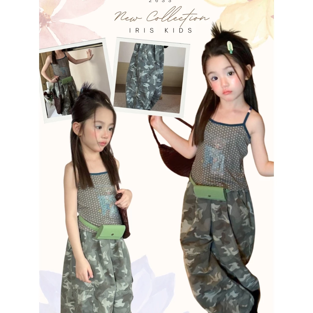 「สินค้าลิขสิทธิ์แท้」IRIS KIDS runrun26ss IKS260490 Mini Camo Set เสื้อผ้าเด็ก เสื้อสายเดี่ยว กางเกงลายทหาร สไตล์เกาหลี